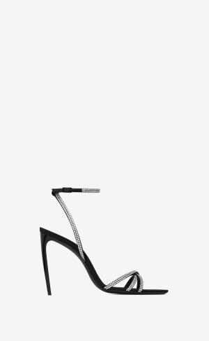 YSL Ava Sandals In Crepe Satin With Rhinestones Schwarz | 74635-ZYVB