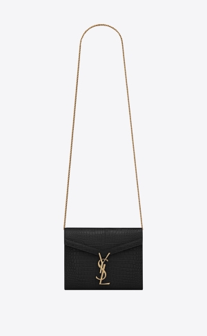 YSL Cassandra Chain Wallet In Crocodile-embossed Shiny Leder Schwarz | 58139-CXYT