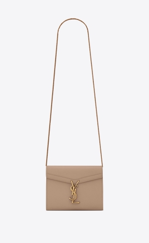 YSL Cassandra Chain Wallet In Grain De Poudre Embossed Leder Dunkelbeige | 97836-BANL