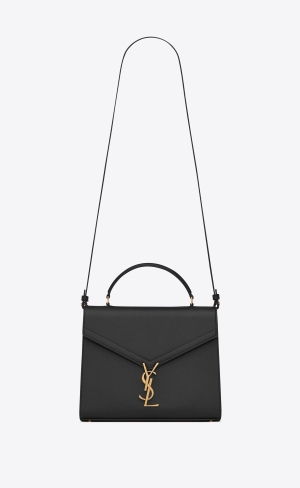 YSL Cassandra Medium Top Handle Bag In Grain De Poudre Embossed Leder Schwarz | 30761-OHVR