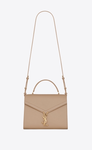 YSL Cassandra Medium Top Handle Bag In Grain De Poudre Embossed Leder Dunkelbeige | 98346-MSHN