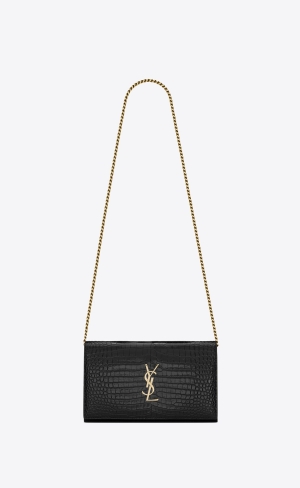 YSL Cassandre Chain Wallet In Crocodile-embossed Shiny Leder Schwarz | 46159-DFYX