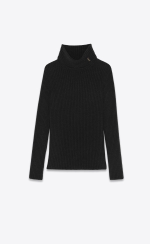 YSL Cassandre Gerippt Turtleneck Pullover In Wolle And Cashmere Schwarz | 09826-DEOQ