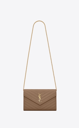 YSL Cassandre Matelassé Chain Wallet In Grain De Poudre Embossed Leder Grau Braun | 10638-FMBJ