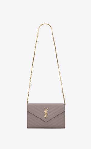 YSL Cassandre Matelassé Chain Wallet In Grain De Poudre Embossed Leder Fog | 13465-DNEH