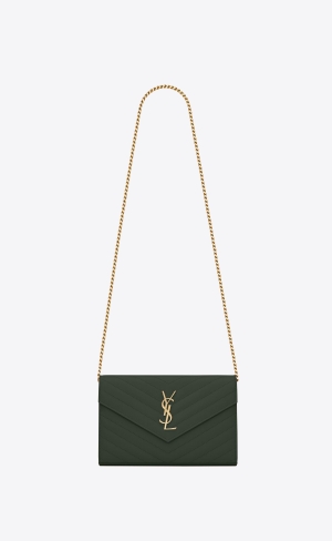 YSL Cassandre Matelassé Chain Wallet In Grain De Poudre Embossed Leder Dunkelgrün | 29165-NJCS