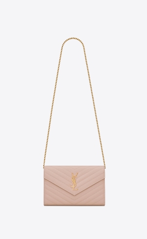 YSL Cassandre Matelassé Chain Wallet In Grain De Poudre Embossed Leder Rosa | 46873-HYZA