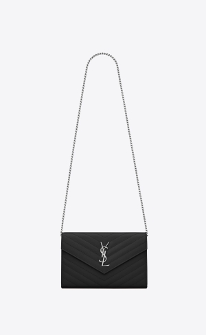 YSL Cassandre Matelassé Chain Wallet In Grain De Poudre Embossed Leder Schwarz | 47802-EGDV