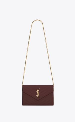 YSL Cassandre Matelassé Chain Wallet In Grain De Poudre Embossed Leder Dunkelrot | 49837-ZTBA