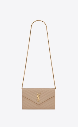 YSL Cassandre Matelassé Chain Wallet In Grain De Poudre Embossed Leder Dunkelbeige | 51698-ZJCK