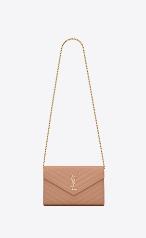 YSL Cassandre Matelassé Chain Wallet In Grain De Poudre Embossed Leder Koralle | 78104-EMZJ