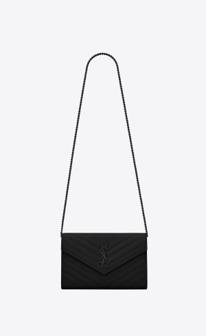 YSL Cassandre Matelassé Chain Wallet In Grain De Poudre Embossed Leder Schwarz | 93784-KQMY