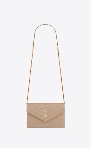YSL Cassandre Matelassé Envelope Chain Wallet In Grain De Poudre Embossed Leder Dunkelbeige | 16534-WEPL