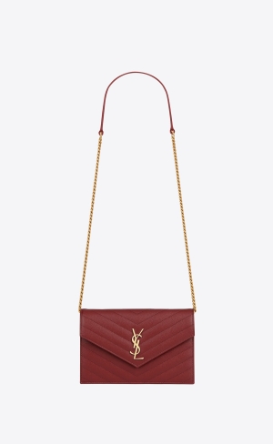 YSL Cassandre Matelassé Envelope Chain Wallet In Grain De Poudre Embossed Leder Rot | 21095-HMCB
