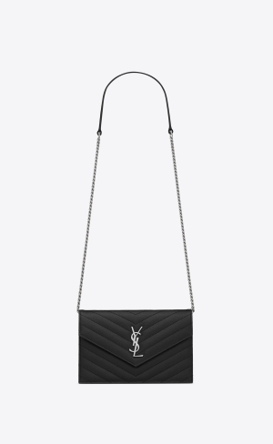 YSL Cassandre Matelassé Envelope Chain Wallet In Grain De Poudre Embossed Leder Noir | 47263-JPQW