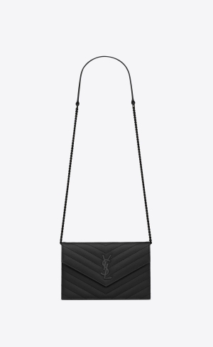 YSL Cassandre Matelassé Envelope Chain Wallet In Grain De Poudre Embossed Leder Noir | 63417-MZJX