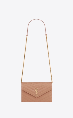 YSL Cassandre Matelassé Envelope Chain Wallet In Grain De Poudre Embossed Leder Koralle | 75021-JHIR