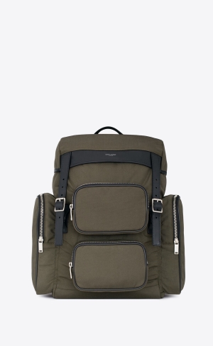 YSL City Multipocket Backpack In Canvas, Smooth Leder And Nylon Khaki | 73809-LCYS