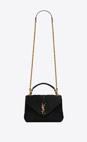 YSL College Medium Chain Bag In Gesteppt Wildleder Schwarz | 38475-BJID