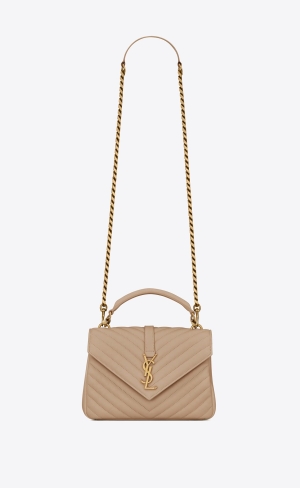 YSL College Medium Chain Bag In Gesteppt Leder Dunkelbeige | 48135-PISN