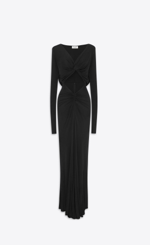 YSL Cut-out Long Kleider In Shiny Jersey Schwarz | 82375-UCDV