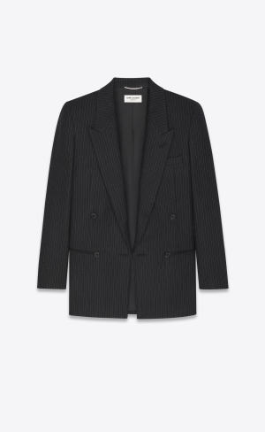 YSL Double-breasted Jacket In Pinstripe Wolle Noir Craie | 58139-WEKB