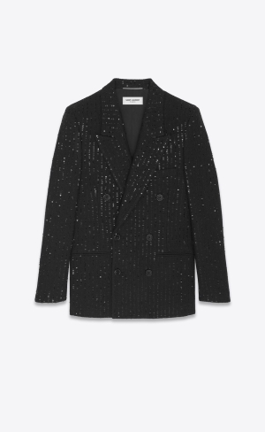 YSL Double-breasted Jacket In Sequined Tweed Noir Brilliant | 30146-HETI