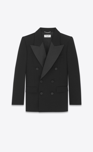 YSL Double-breasted Tuxedo Jacket In Grain De Poudre Schwarz | 19360-TVPK
