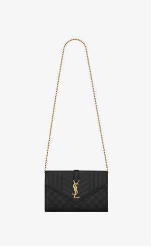 YSL Envelope Chain Wallet In Mix Matelassé Grain De Poudre Embossed Leder Schwarz | 62971-UAXT