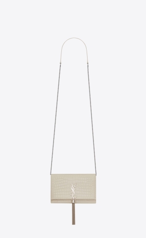 YSL Kate Chain Wallet With Tassel In Crocodile-embossed Leder Blanc Vintage | 51367-HJOK