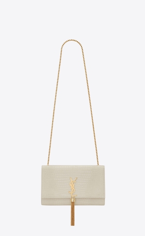 YSL Kate Medium Chain Bag With Tassel In Crocodile-embossed Shiny Leder Blanc Vintage | 36485-OKEI