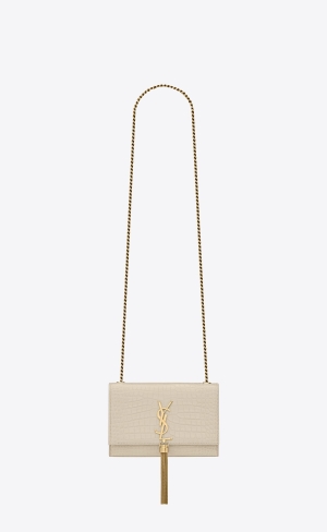 YSL Kate Small Chain Bag With Tassel In Crocodile-embossed Shiny Leder Blanc Vintage | 62597-OIRA
