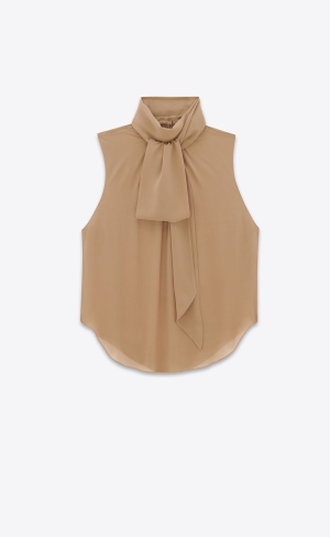 YSL Lavallière-neck Blouse In Silk Georgette Chataigne | 98701-PURE