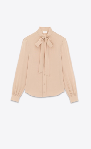 YSL Lavallière-neck Shirt In Crepe De Chine Beige | 90841-BXUK