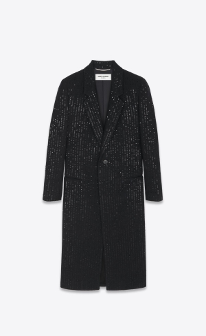 YSL Long Single-breasted Coat In Sequined Tweed Noir Brilliant | 14306-IWYX
