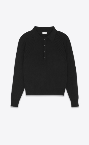YSL Long-sleeve Polo Shirt In Cashmere Noir | 04876-FJGE