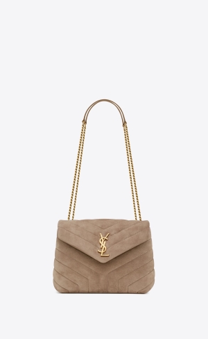 YSL Loulou Small Chain Bag In Gesteppt "Y" Wildleder Grau Braun | 23710-PHUR
