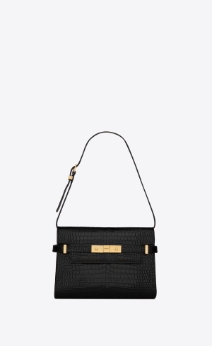 YSL Manhattan Small Shoulder Bag In Shiny Crocodile-embossed Leder Schwarz | 57038-PSFT
