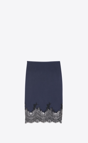 YSL Midi Skirt In Crepe Satin And Spitze Navy | 26519-ZMST