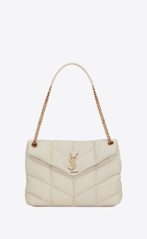 YSL Puffer Medium Chain Bag In Gesteppt Lambskin Blanc Vintage | 14592-AHNS