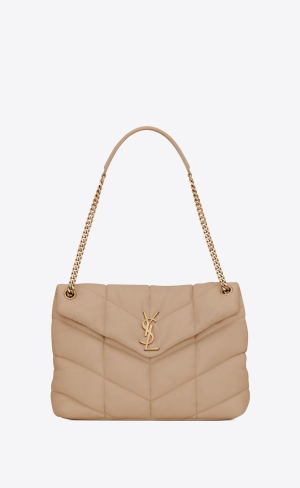 YSL Puffer Medium Chain Bag In Gesteppt Lambskin Dunkelbeige | 59034-PUJY