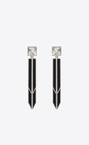 YSL Rhinestone Square And Spike Earrings In Metal And Resin Silber Schwarz | 67825-TXZP