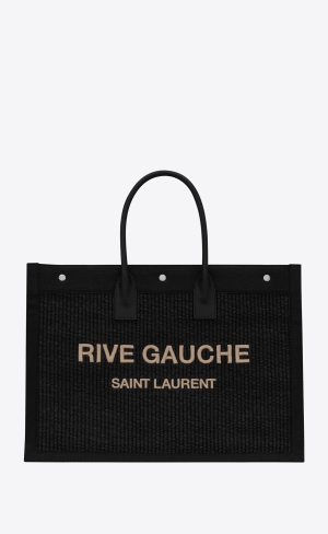 YSL Rive Gauche Large Tote Bag In Embroidered Raffia And Leder Noir | 51039-EASU