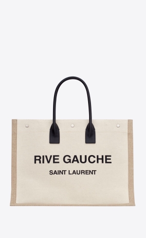YSL Rive Gauche Large Tote Bag In Printed Canvas And Leder Lin Blanc | 13645-MRPC