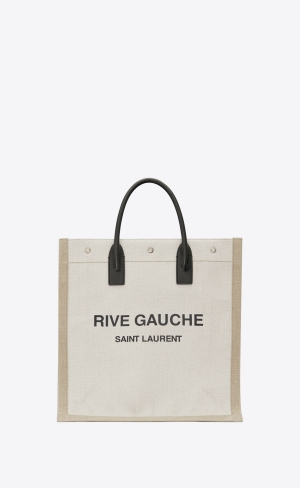 YSL Rive Gauche N/S Shopping Bag In Linen And Baumwoll Weiß Beige | 75360-UBSZ