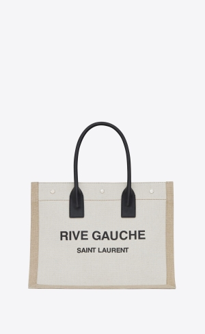 YSL Rive Gauche Small Tote Bag In Linen And Leder Schwarz Beige Schwarz | 70694-MWIF
