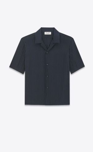 YSL Shark-collar Shirt In Matte And Shiny Gestreift Silk Bleu Nuit | 15264-UNGJ
