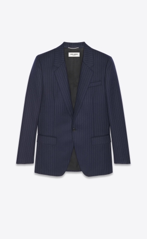 YSL Single-breasted Jacket In Tennis Gestreift Wolle Blau | 60318-VEPM