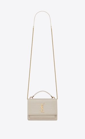YSL Sunset Chain Wallet In Crocodile-embossed Shiny Leder Blanc Vintage | 28735-KLXH