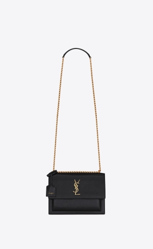 YSL Sunset Medium Chain Bag In Coated Bark Leder Noir | 25974-WSXB